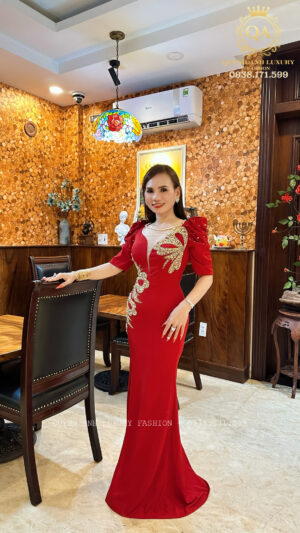 Đầm Dạ Hội Đuôi Cá Đỏ Đính Đá Phối Ren Egan Dress