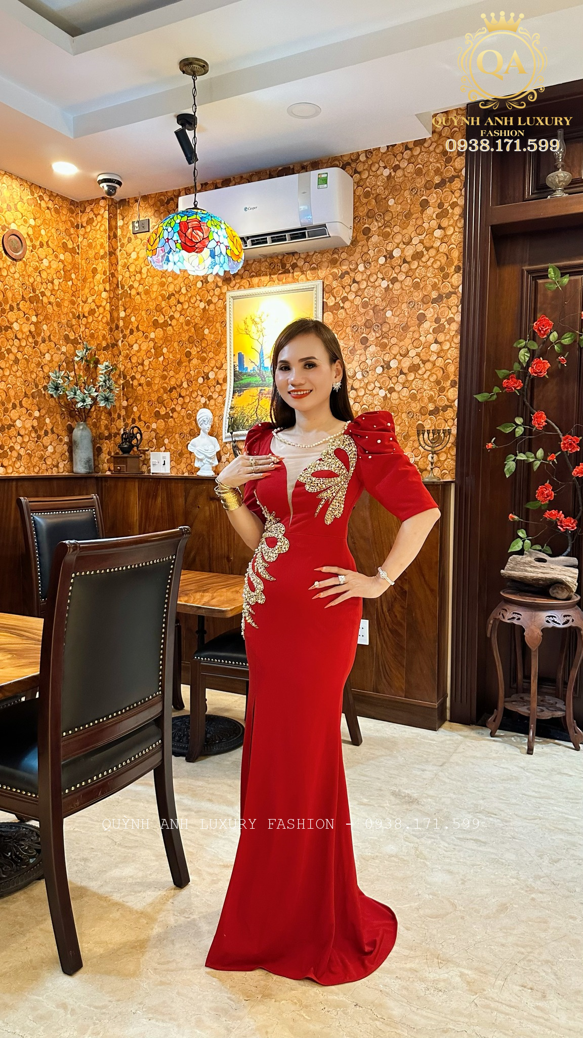 Đầm Dạ Hội Đuôi Cá Đỏ Đính Đá Phối Ren Egan Dress