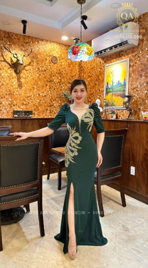 Đầm Dạ Hội Đuôi Cá Xanh Rêu Đính Đá Phối Ren Egan Dress