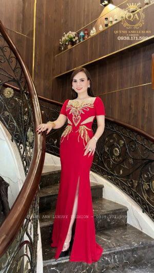 Đầm Dạ Hội Đuôi Cá Đỏ Xẻ Tà Đính Đá Rosa Dress