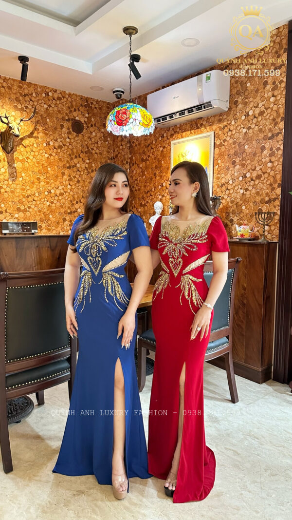 Đầm Dạ Hội Đuôi Cá Xanh Côban Xẻ Tà Đính Đá Rosa Dress