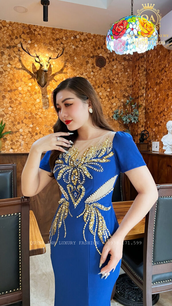 Đầm Dạ Hội Đuôi Cá Xanh Côban Xẻ Tà Đính Đá Rosa Dress
