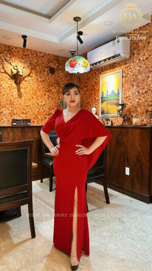 Đầm Đi Tiệc Đuôi Cá Xẻ Tà Đỏ Cổ V Vạt Chéo Layla Dress