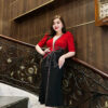 Đầm Body Cổ V Phối Màu Đỏ Đen Đính Đá Lisa Dress