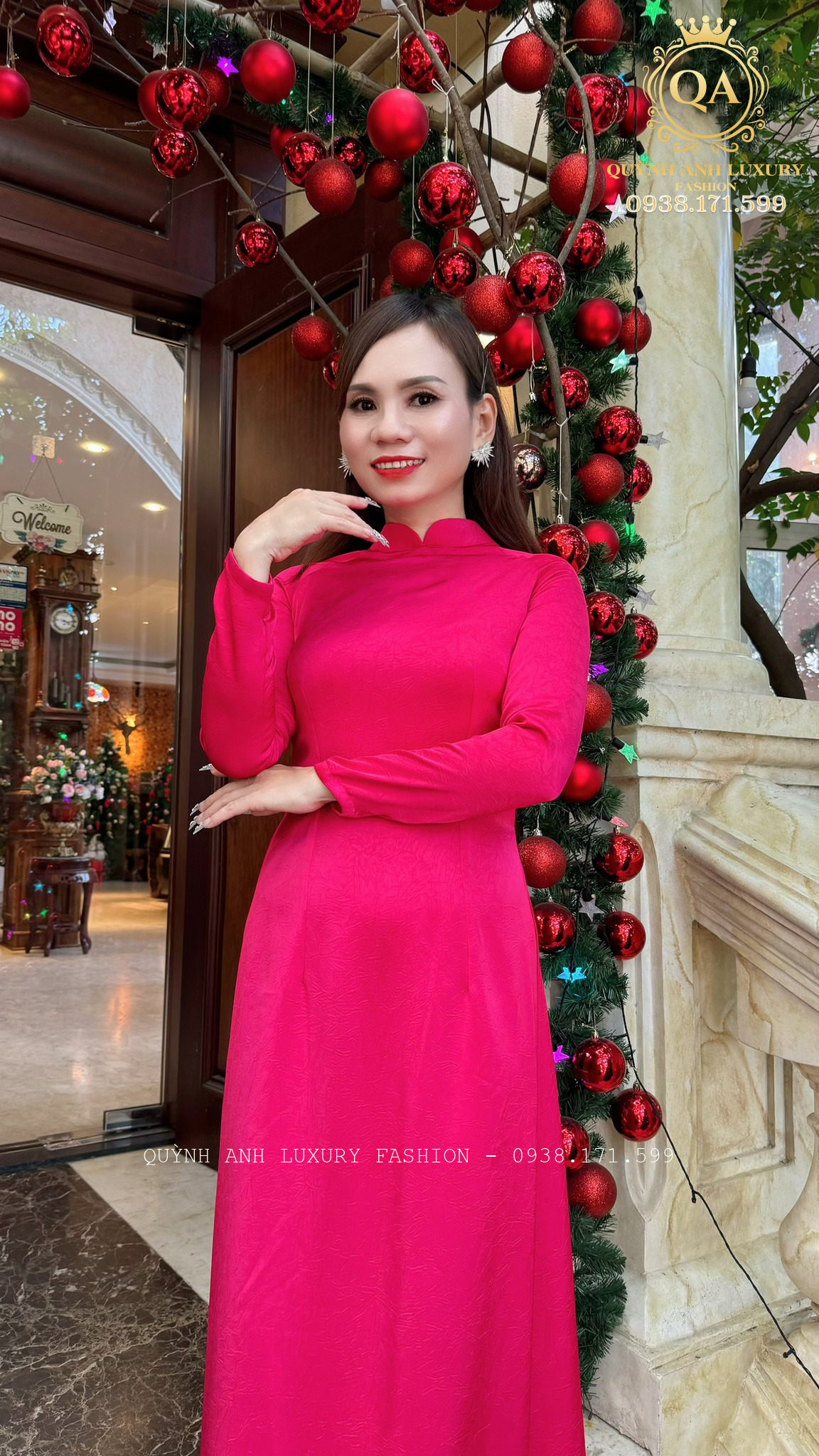 Áo Dài Truyền Thống Trung Niên Hồng Gấm Lụa Rose Dress