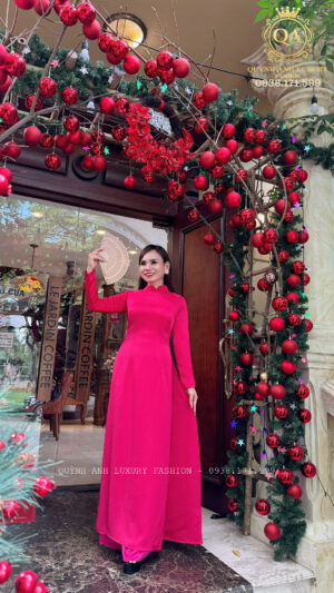 Áo Dài Truyền Thống Trung Niên Hồng Gấm Lụa Rose Dress