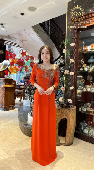 Áo Dài Truyền Thống Thiết Kế Đính Đá Pha Lê Kiểu Hoa Màu Cam Eser Dress