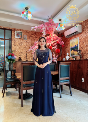 Áo Dài Đính Đá Pha Lê Màu Xanh Đen Sao Mai